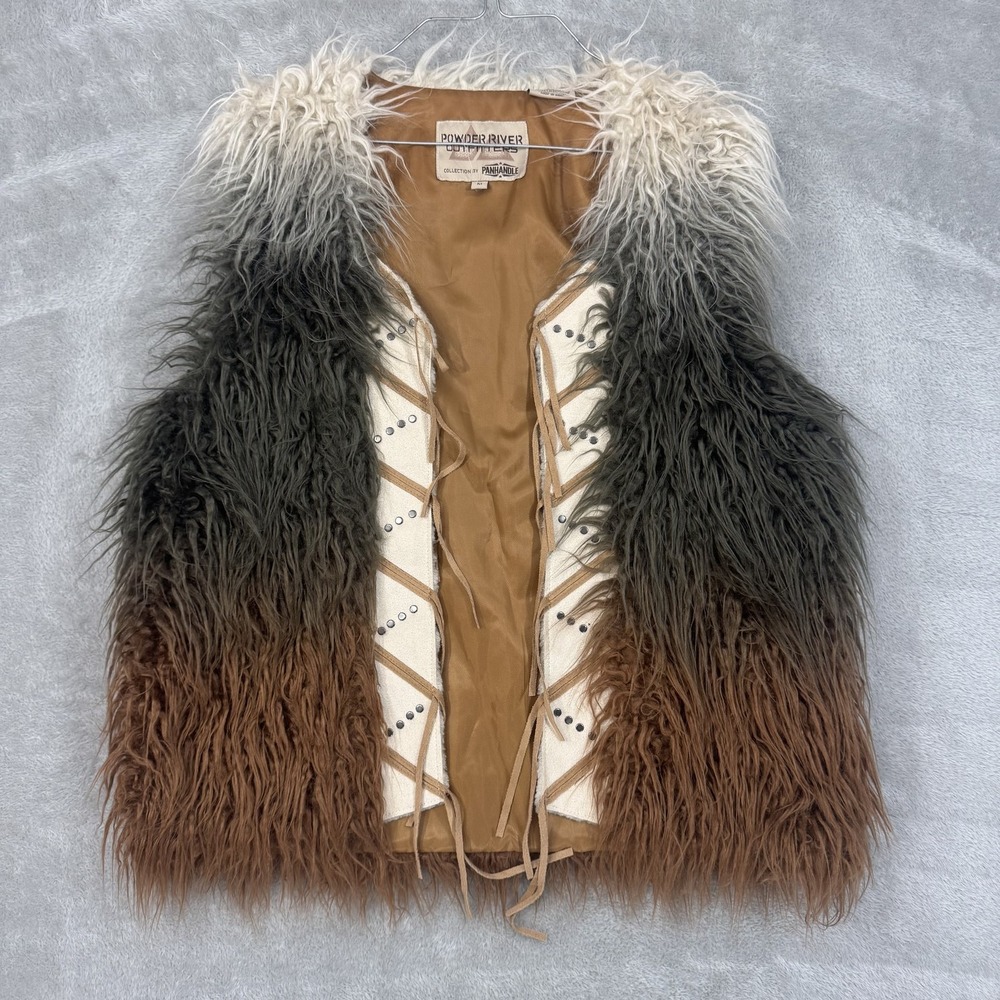 Powder River Outfitters Vest Womens M Faux Fur Hippie Fringe Boho Ombre Shag